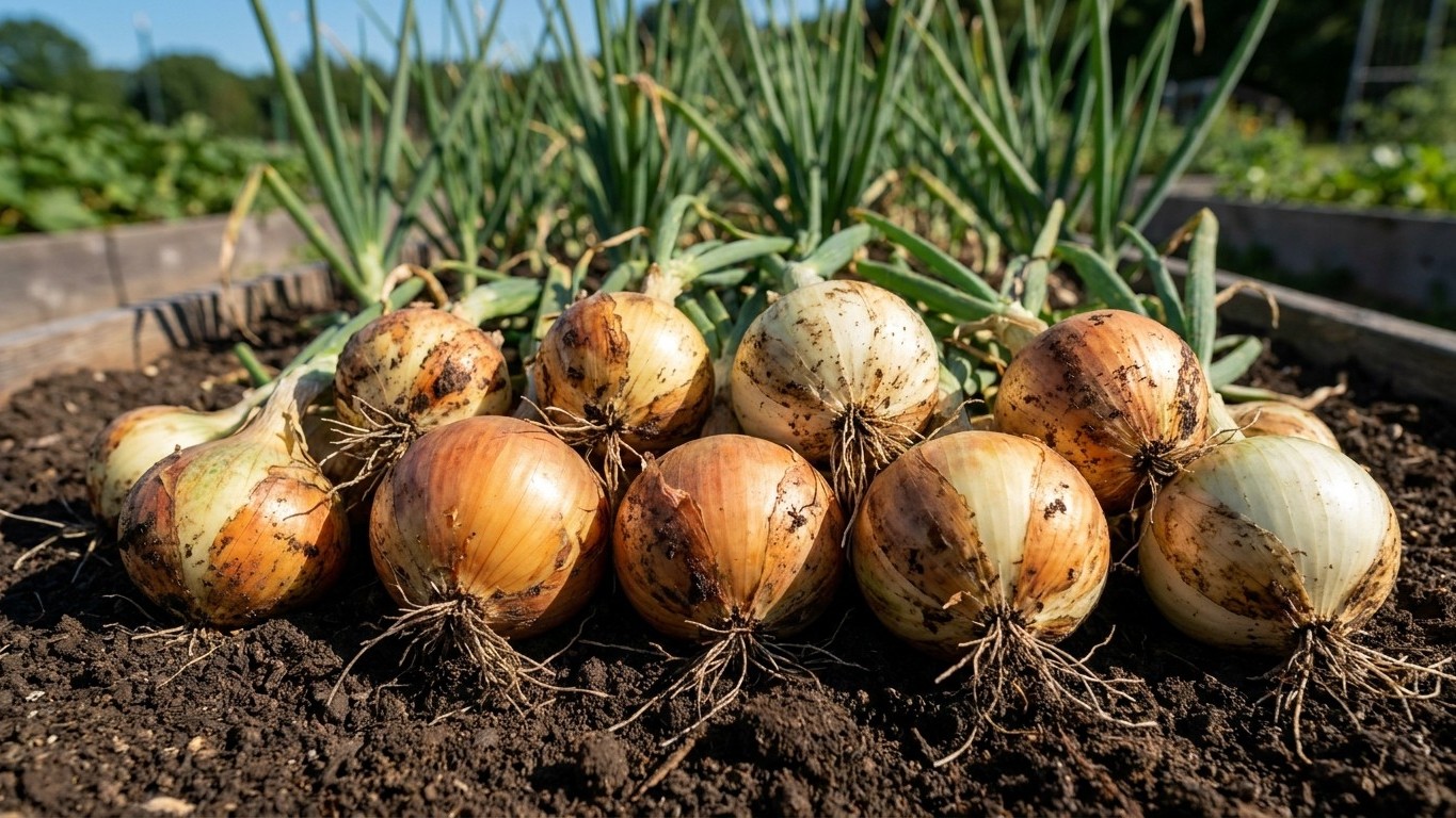 Harvested onions with dried roots and soil still attached, arranged on garden soil with green onion tops visible in the background.