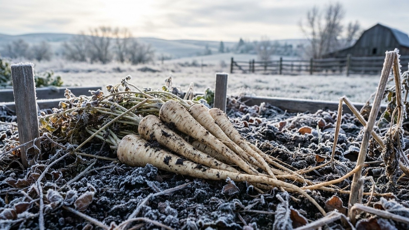 Several freshly harvested parsnips with soil and greens attached, arranged on a frost-covered garden bed with a winter rural landscape in the background.