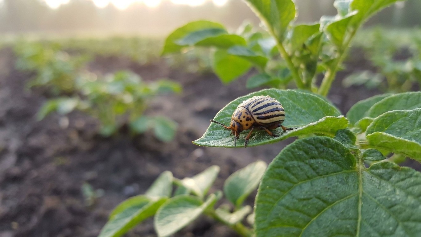 A Delaware potato beetle with distinctive yellow and black stripes crawls on a green potato plant leaf in a garden setting.