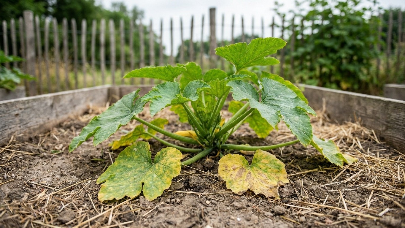 A young squash plant with bright green leaves growing in a mulched raised garden bed with wooden fence visible in the background.