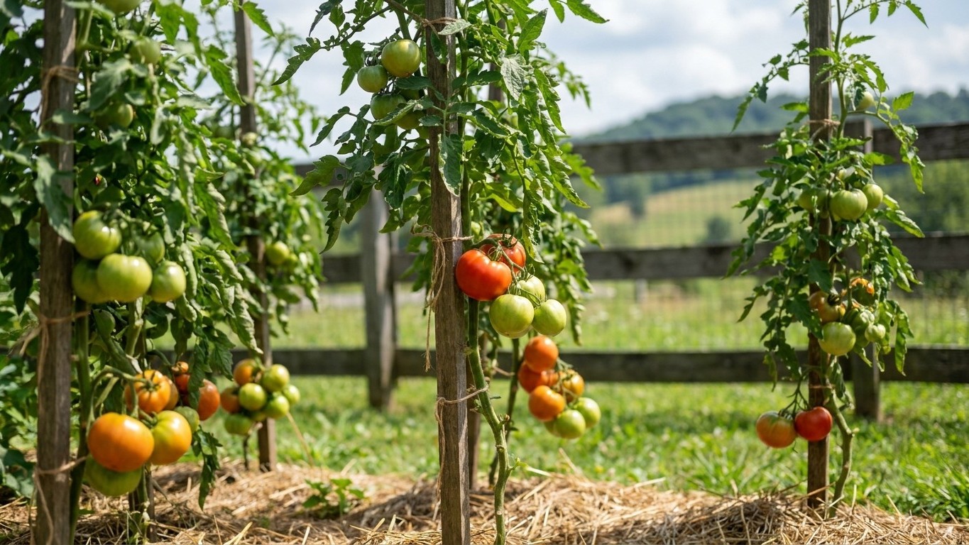 Staked tomato plants with green, yellow, orange and red ripening fruits in a productive vegetable garden with blurred pastoral landscape background.