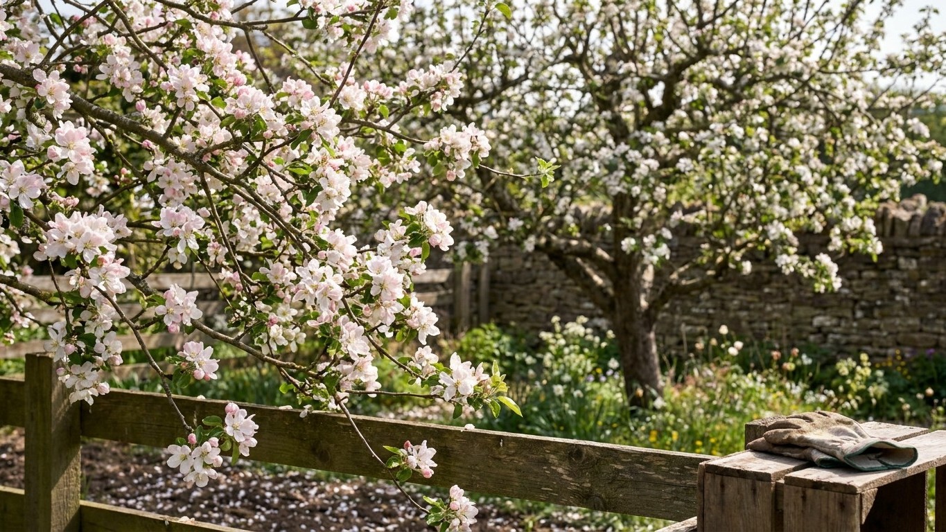 Clusters of pale pink and white blossoms cover ornamental flowering trees in a spring garden scene with wooden fence and stone wall backdrop.