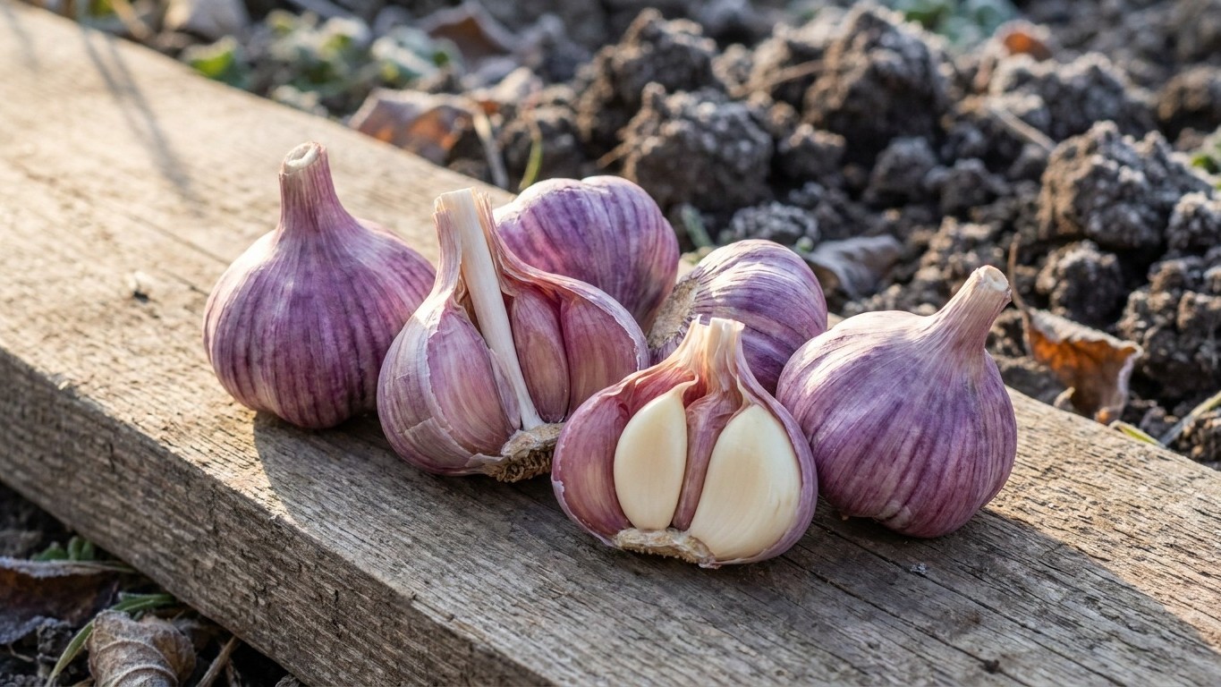 Fresh garlic bulbs and separated cloves displayed on a weathered wooden plank with garden soil in the background.