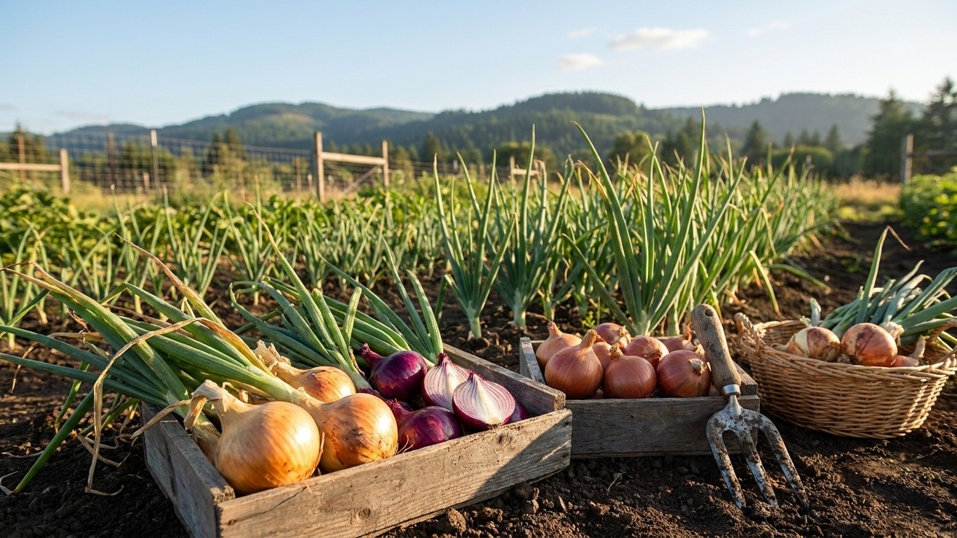 A vegetable garden displays harvested onions in wooden crates with rows of growing onion plants and mountains in the background.