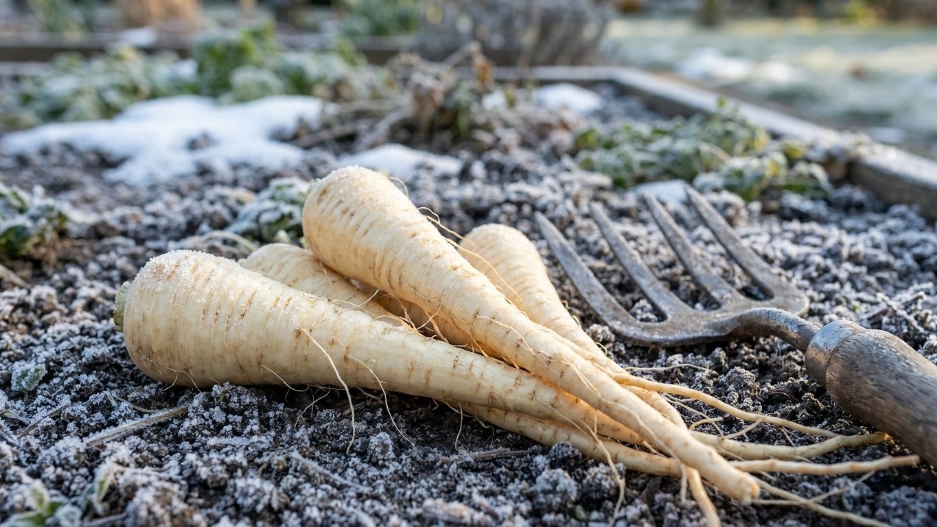 Three freshly harvested parsnips lying on dark soil next to a garden fork.