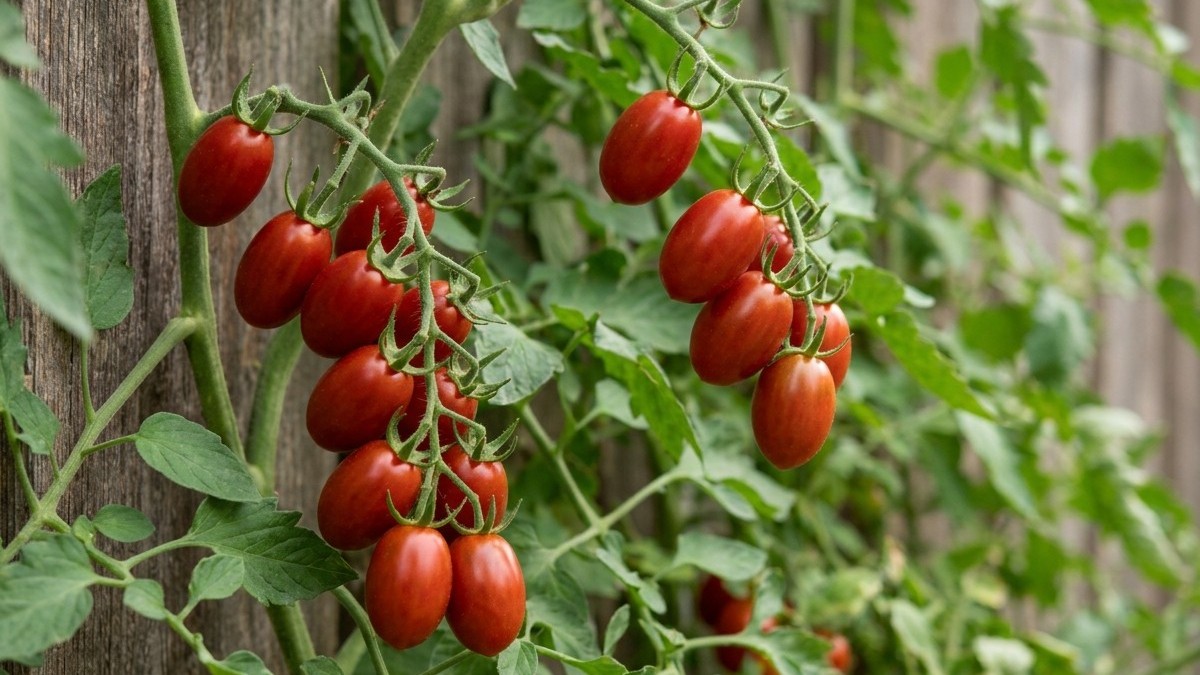 Mature red tomatoes clustered on a vine against a weathered wooden support structure in a thriving garden.