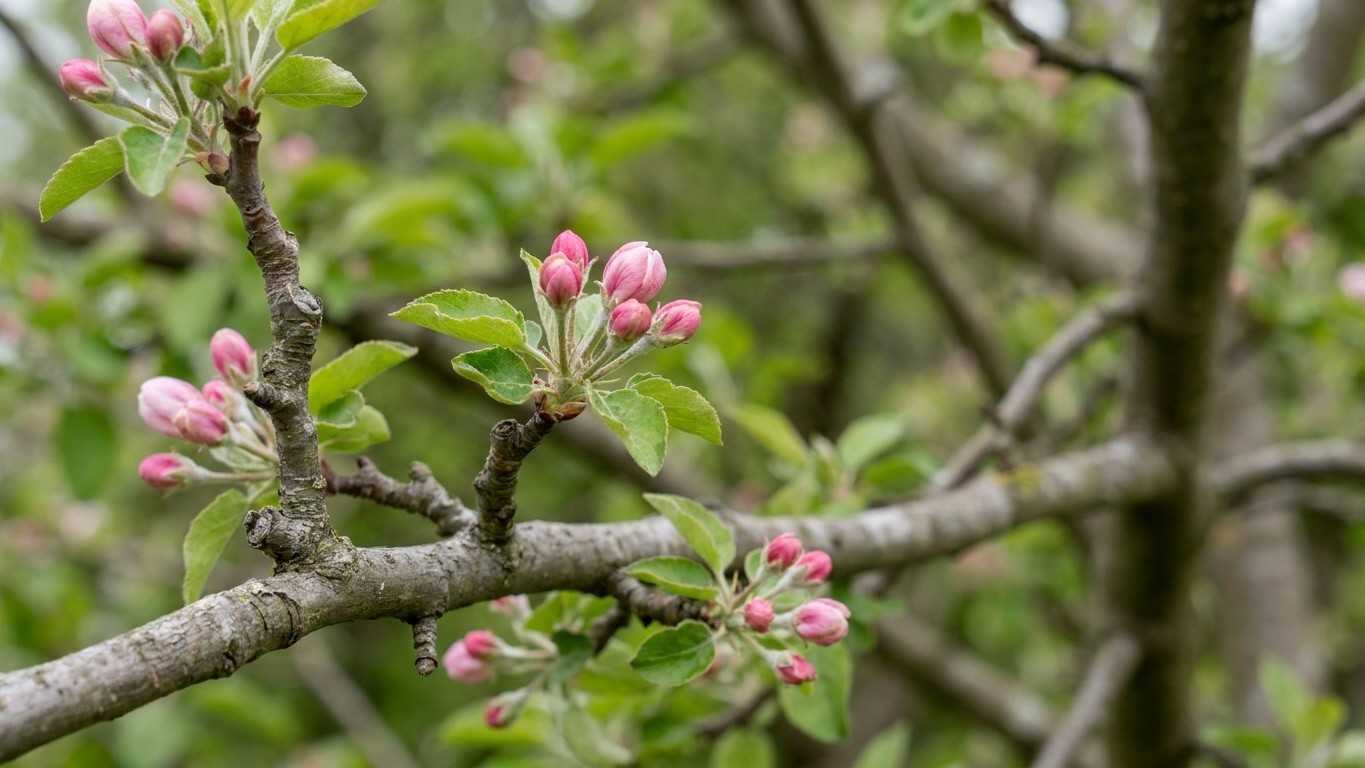 Spring crabapple tree branch displaying pink buds and fresh green foliage with blurred woodland background.