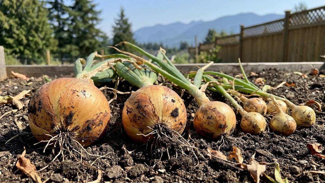 Freshly harvested onions with dried roots and green stems lying on dark garden soil, with mountains and wooden fence visible in the background.
