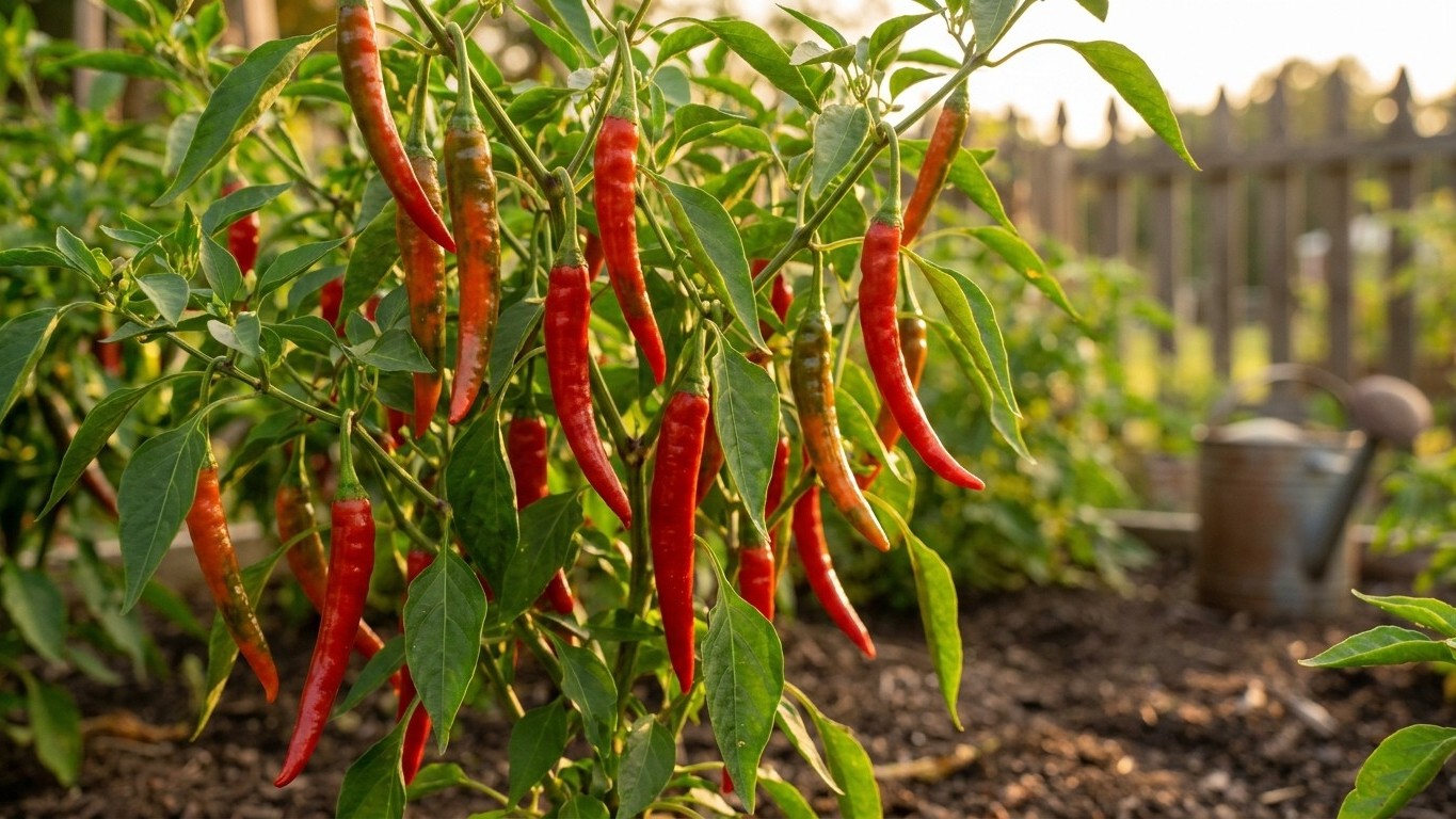 Mature red chili peppers hanging from green plants in a sunny vegetable garden with wooden fence and watering can visible in the background.
