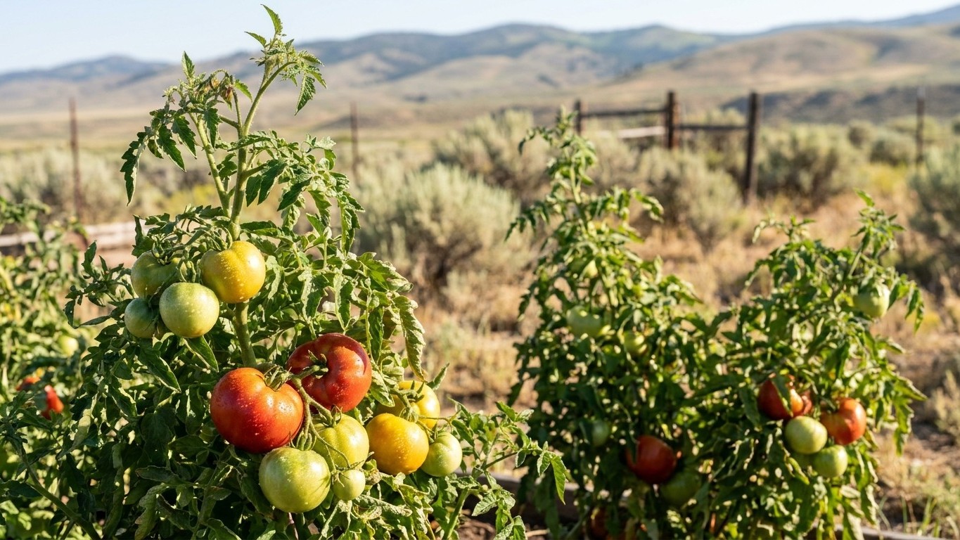 A thriving tomato garden with ripe red and yellow fruit amid green foliage in an arid landscape with mountains in the background.