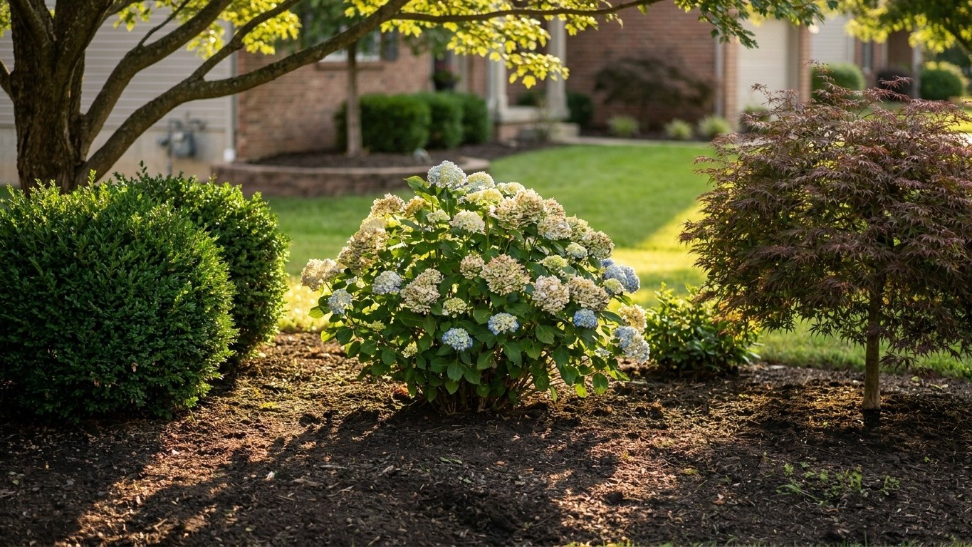 A full blue and white blooming hydrangea shrub is positioned in a mulched landscape bed surrounded by evergreen shrubs and a mature tree, with a brick house and lawn visible in the background.