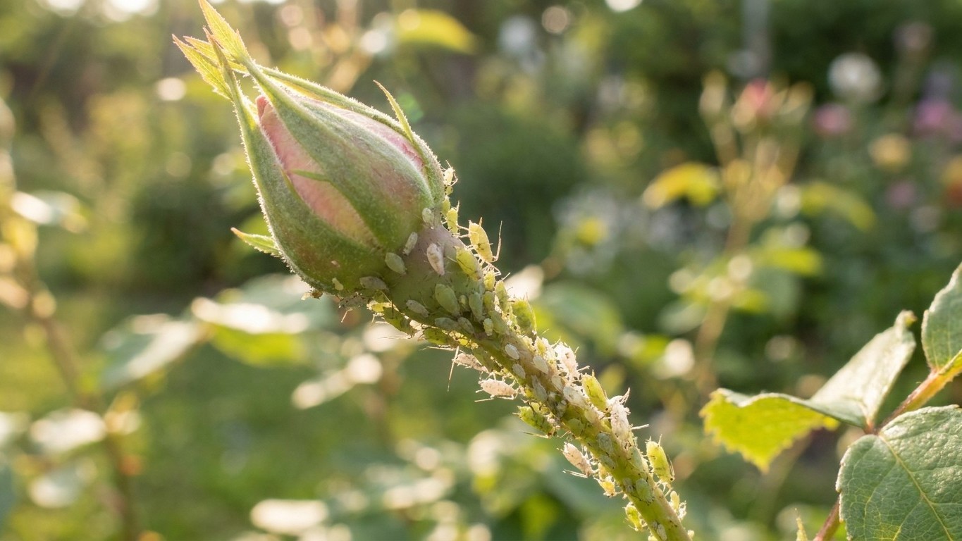 A close-up photograph of an unopened rose bud with soft green sepals and pink-tinged petals, photographed in natural garden sunlight.