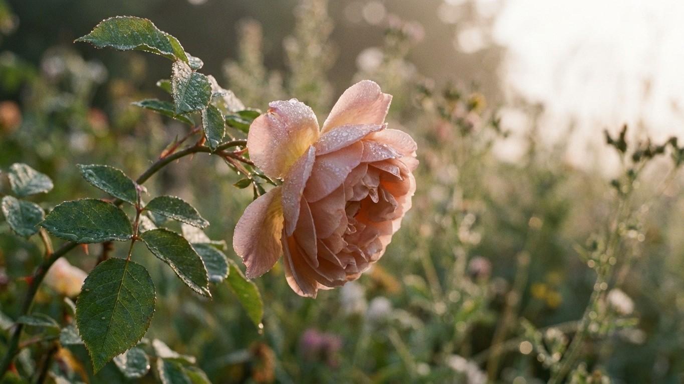 A pink garden rose with delicate frost-covered petals and green foliage in soft morning light.