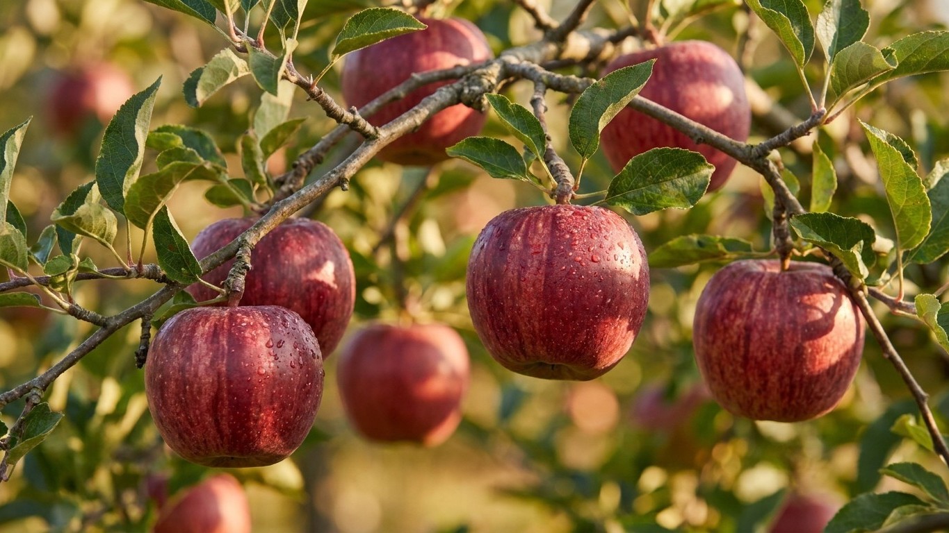 Ripe red apples cluster on branches with green foliage in an orchard setting during harvest season.