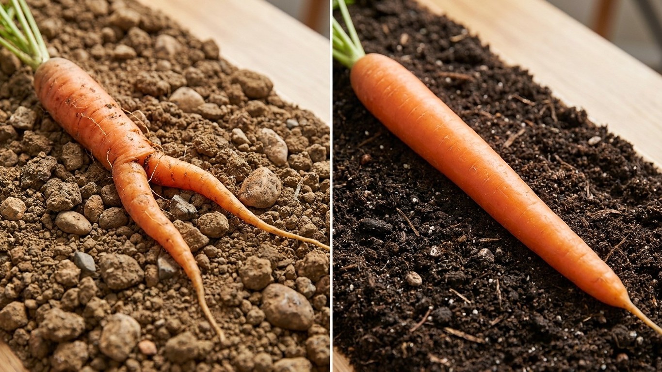 A side-by-side comparison of two freshly harvested carrots displayed in soil, showing one with a forked root and one with a straight root.