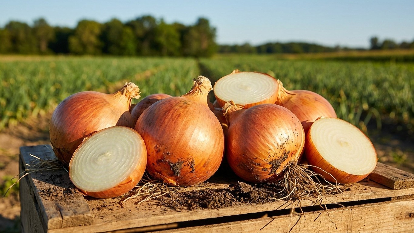 Golden-brown onions with papery skins and white centers displayed on a wooden crate in front of a growing crop field.