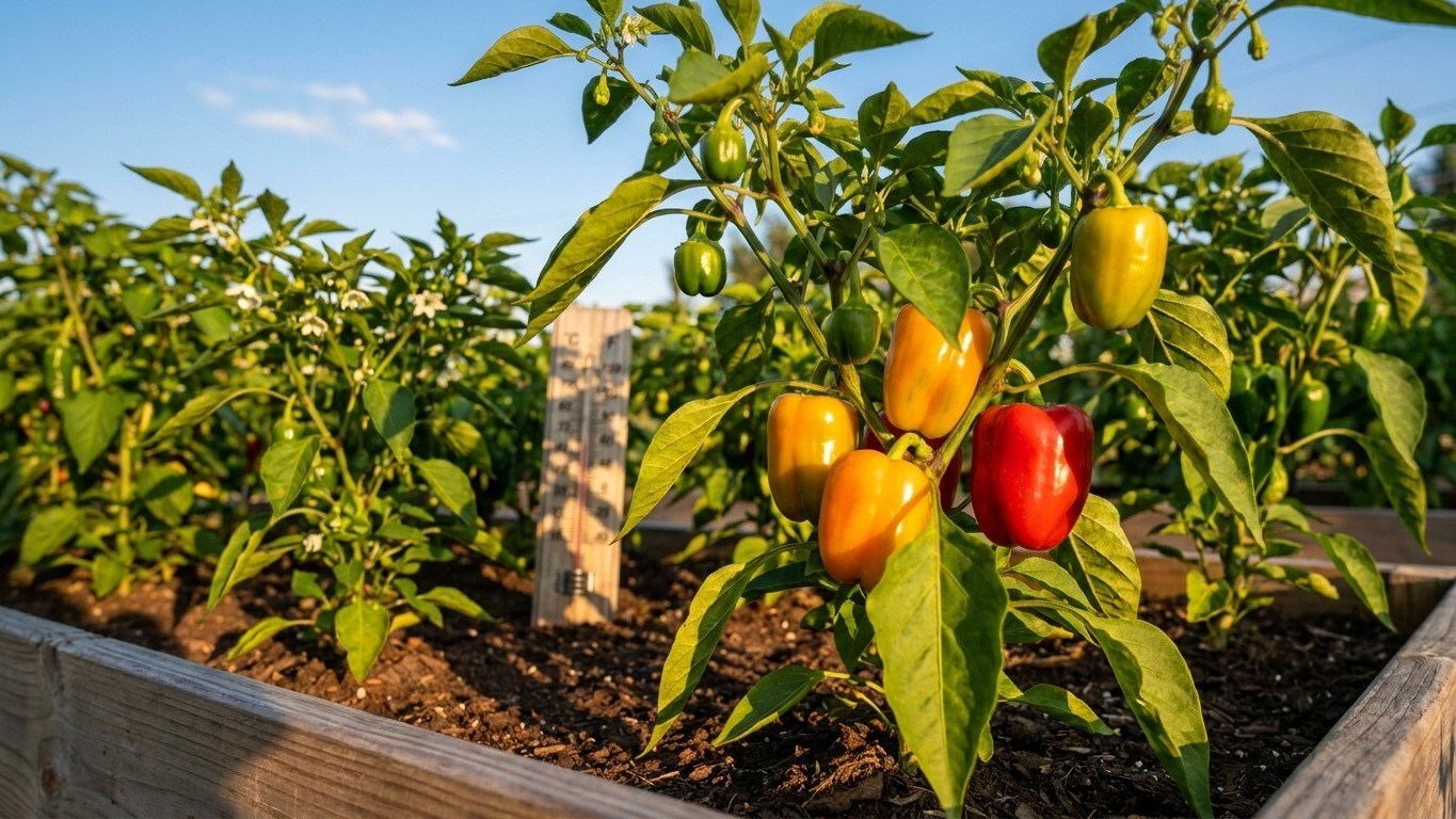 Colorful bell peppers in various stages of ripeness growing in a wooden raised garden bed with clear blue sky visible in the background.