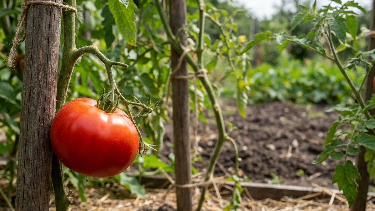 A ripe red tomato hangs on a staked vine in a vegetable garden with soil and additional plants visible in the background.