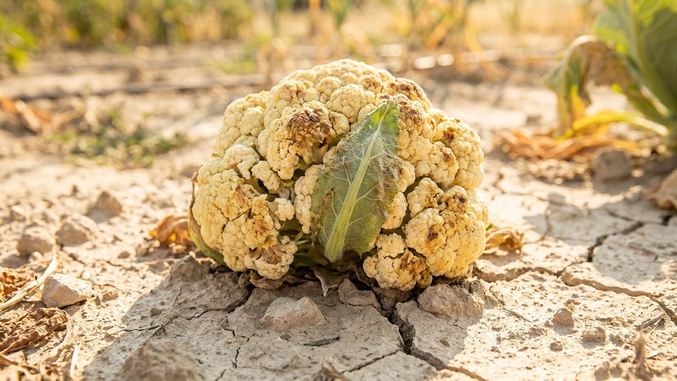 Open, Yellow or Leafy Heads: What Heat and Thirst Do to a Cauliflower
