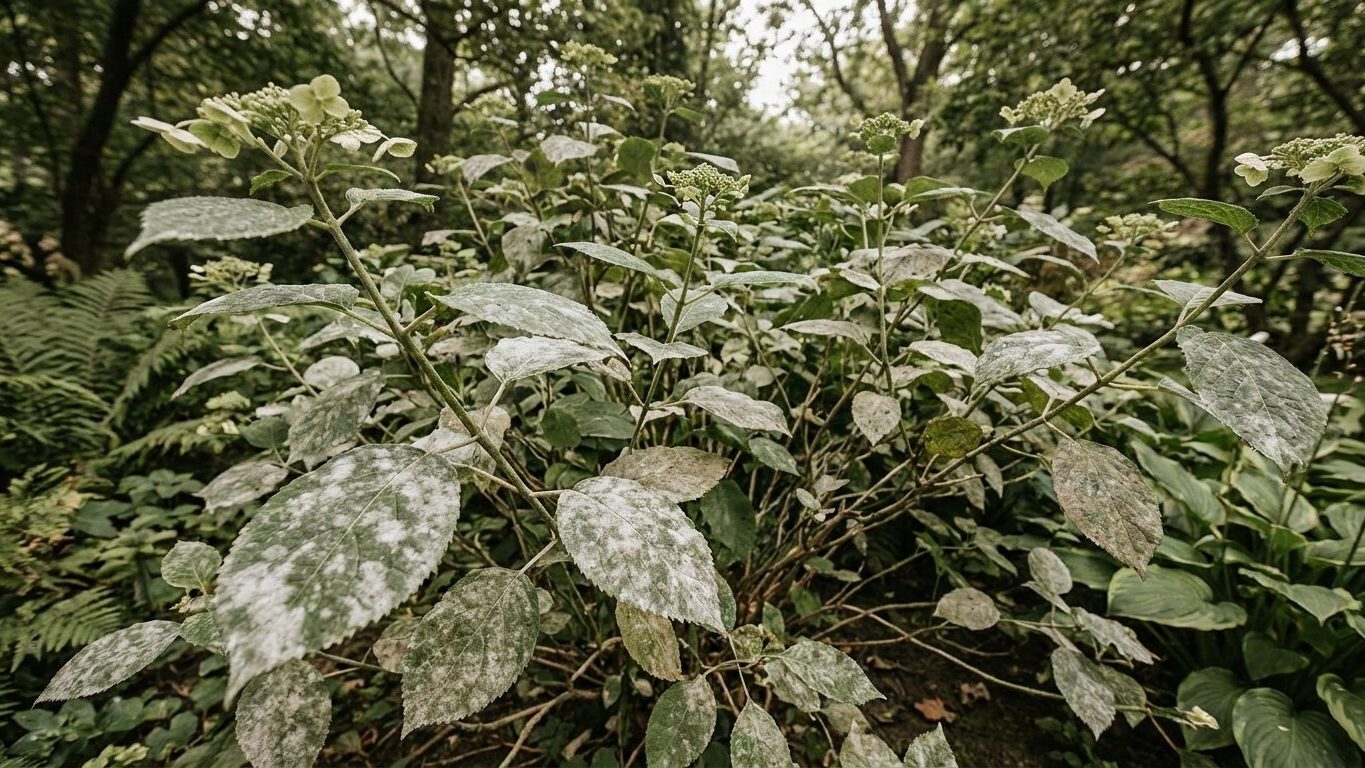 Powdery Mildew on Hydrangeas: White Film in Still, Shaded Air