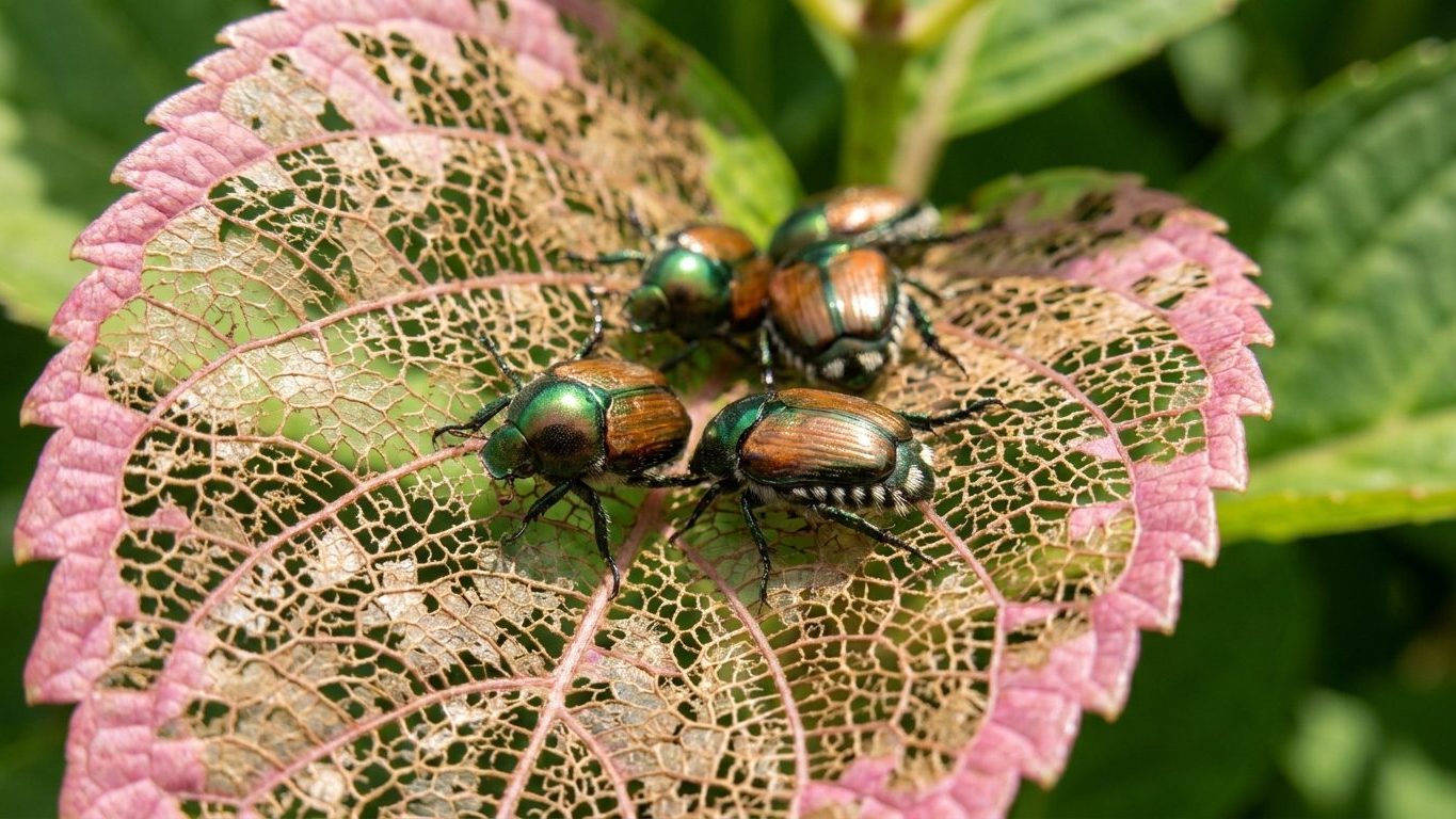Japanese Beetles on Hydrangeas: Skeletonised Leaves in Midsummer