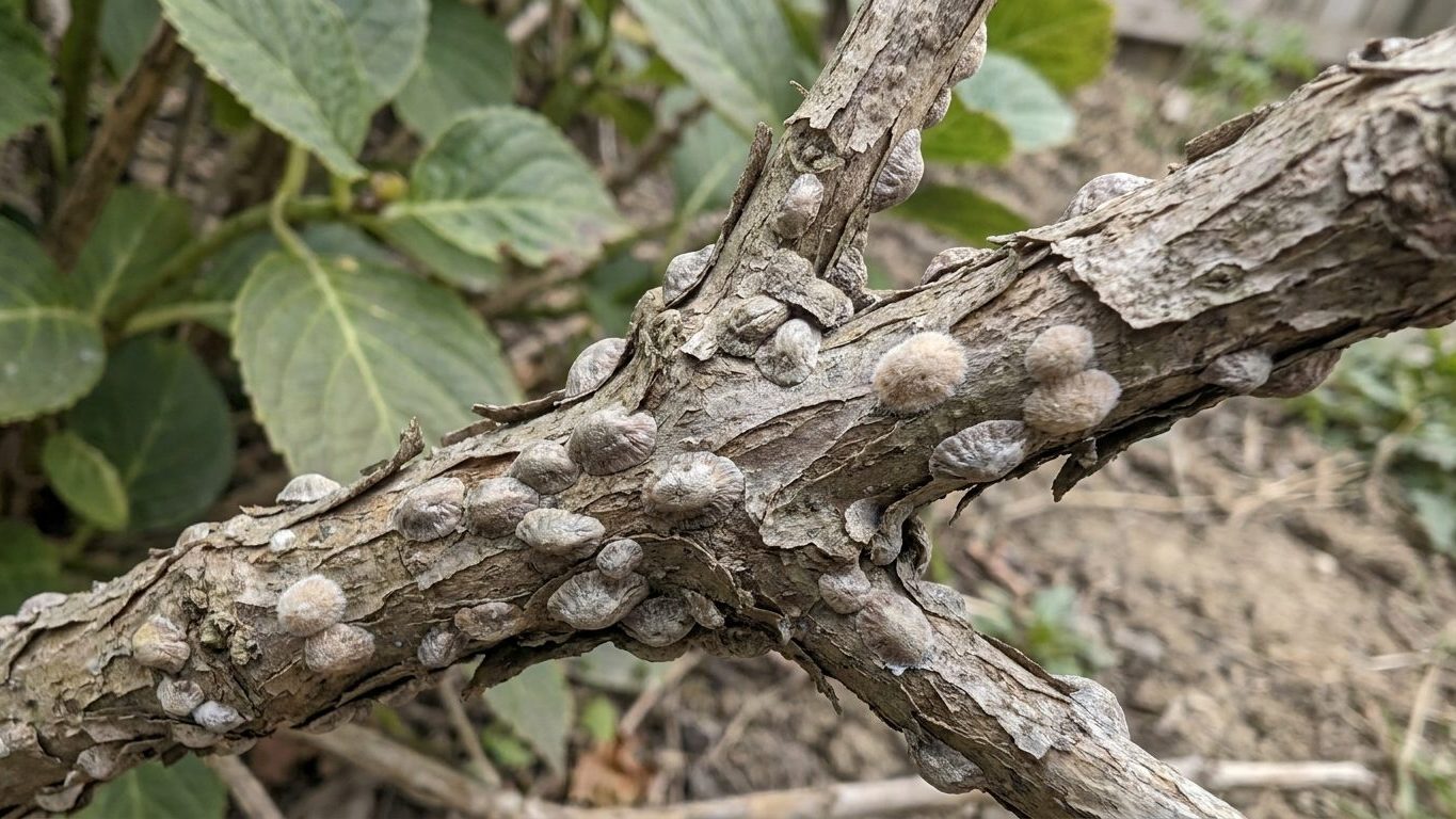 Scale on Hydrangeas: White Egg Masses Along the Stems