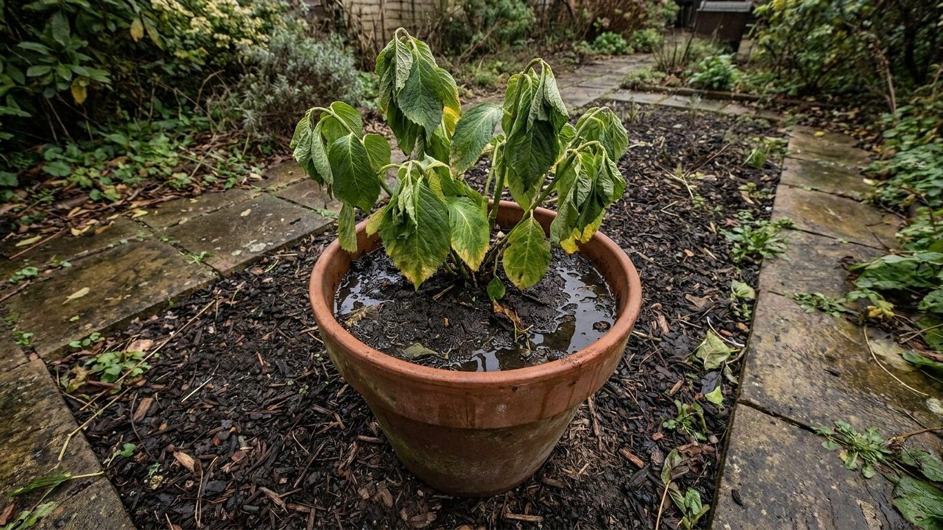 A Hydrangea Wilting With Wet Soil