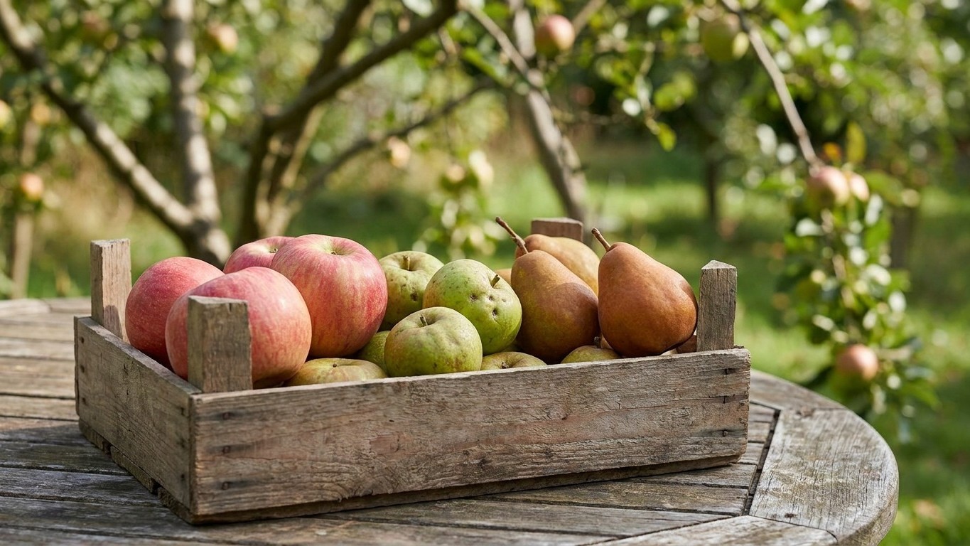 A rustic wooden crate filled with fresh red apples and brown pears sits on a table with blurred fruit trees in the background.