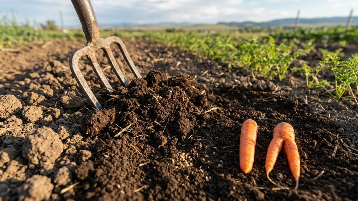 A garden fork lifts freshly harvested carrots from rich dark soil in a vegetable garden with young plants and mountains visible in the background.