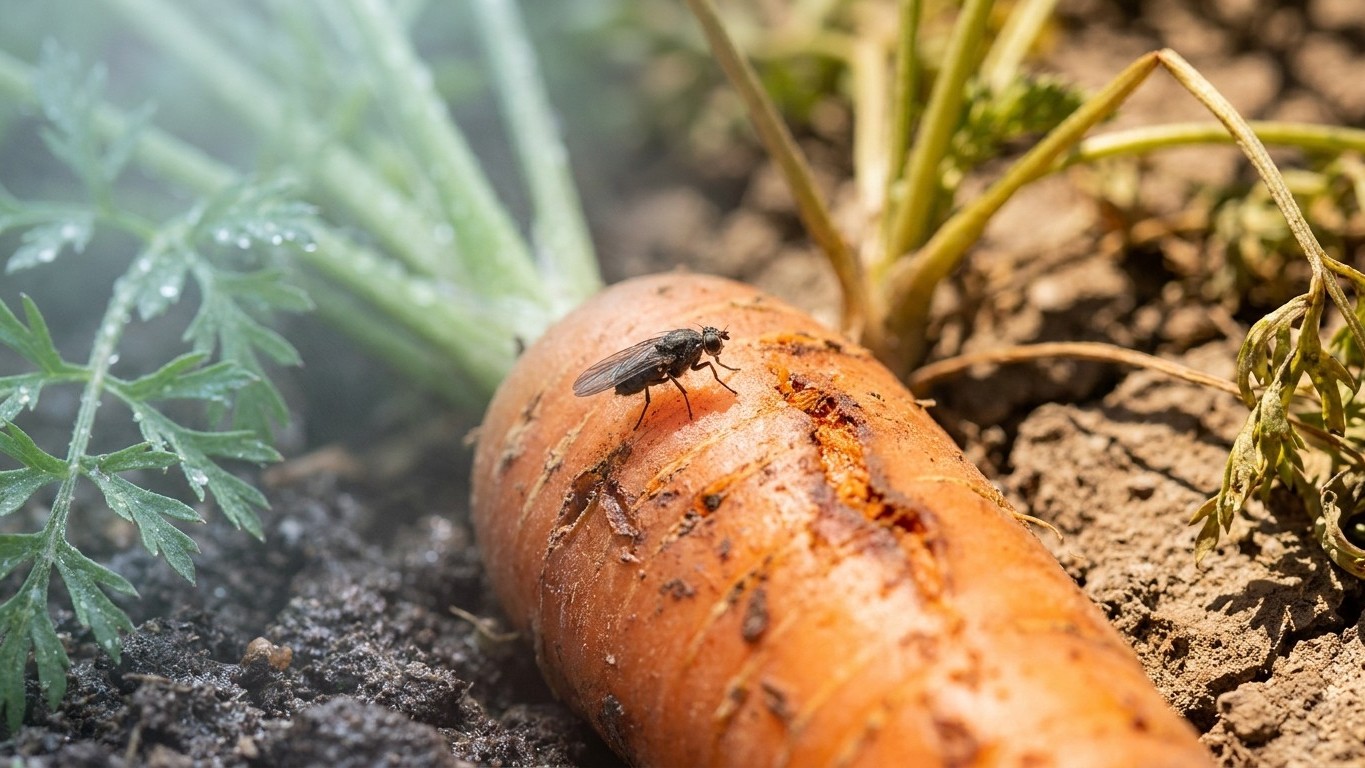 A dark fly rests on a partially damaged orange carrot root lying in garden soil with surrounding green foliage.