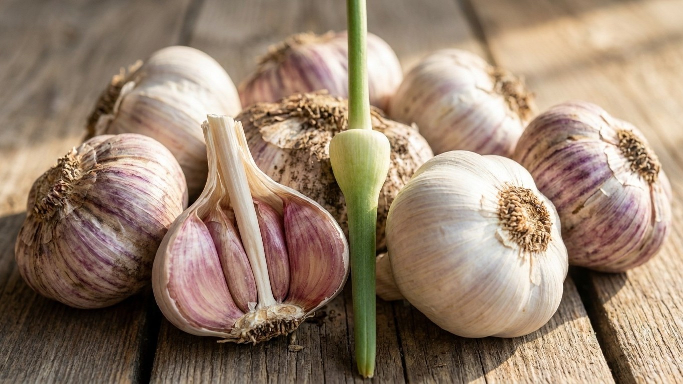 Multiple garlic bulbs and separated cloves arranged on a rustic wooden surface with a green garlic shoot.
