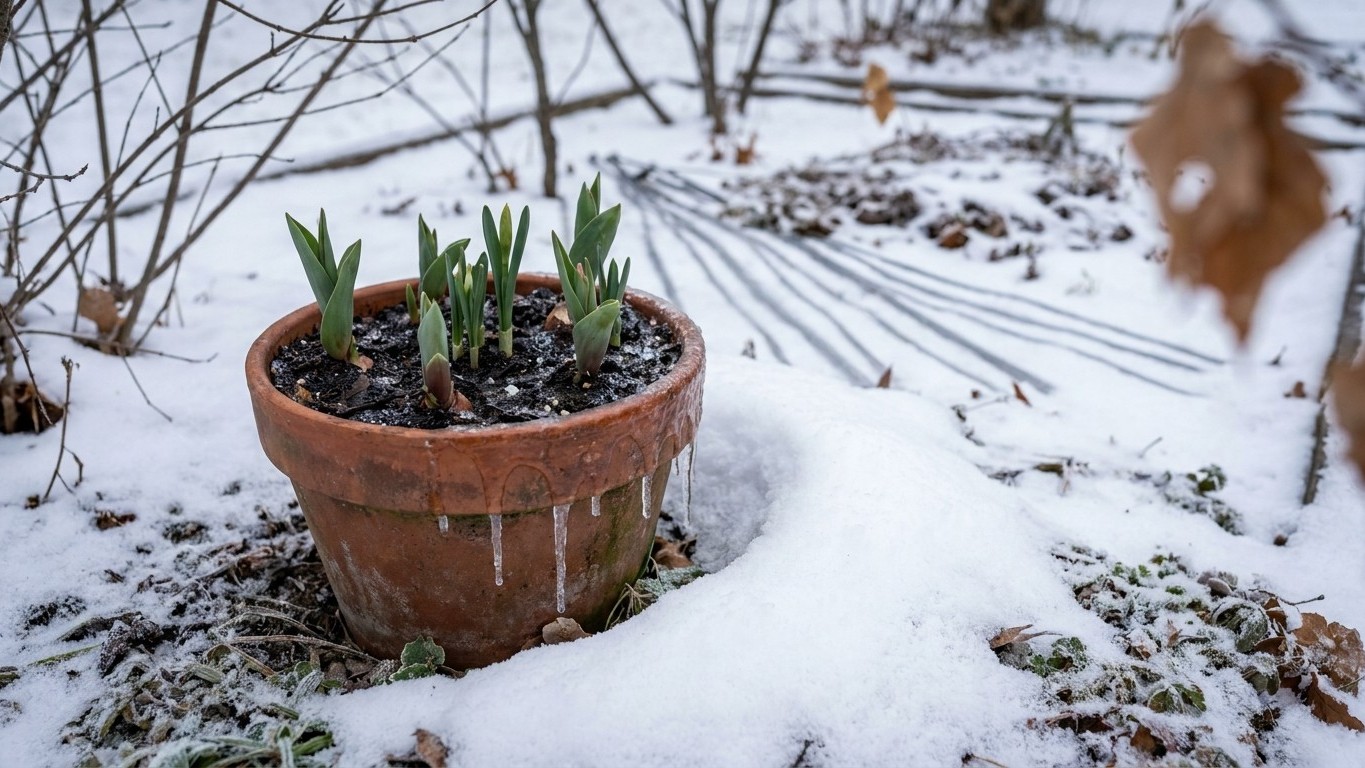 Terracotta pot with emerging spring bulb shoots surrounded by snow in a winter garden setting.