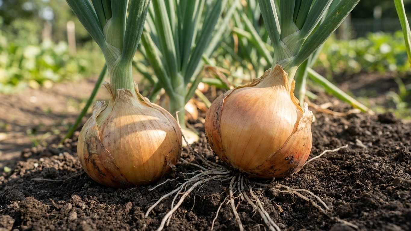 Two mature onions with papery golden-brown skin growing in dark garden soil with green leafy tops visible.