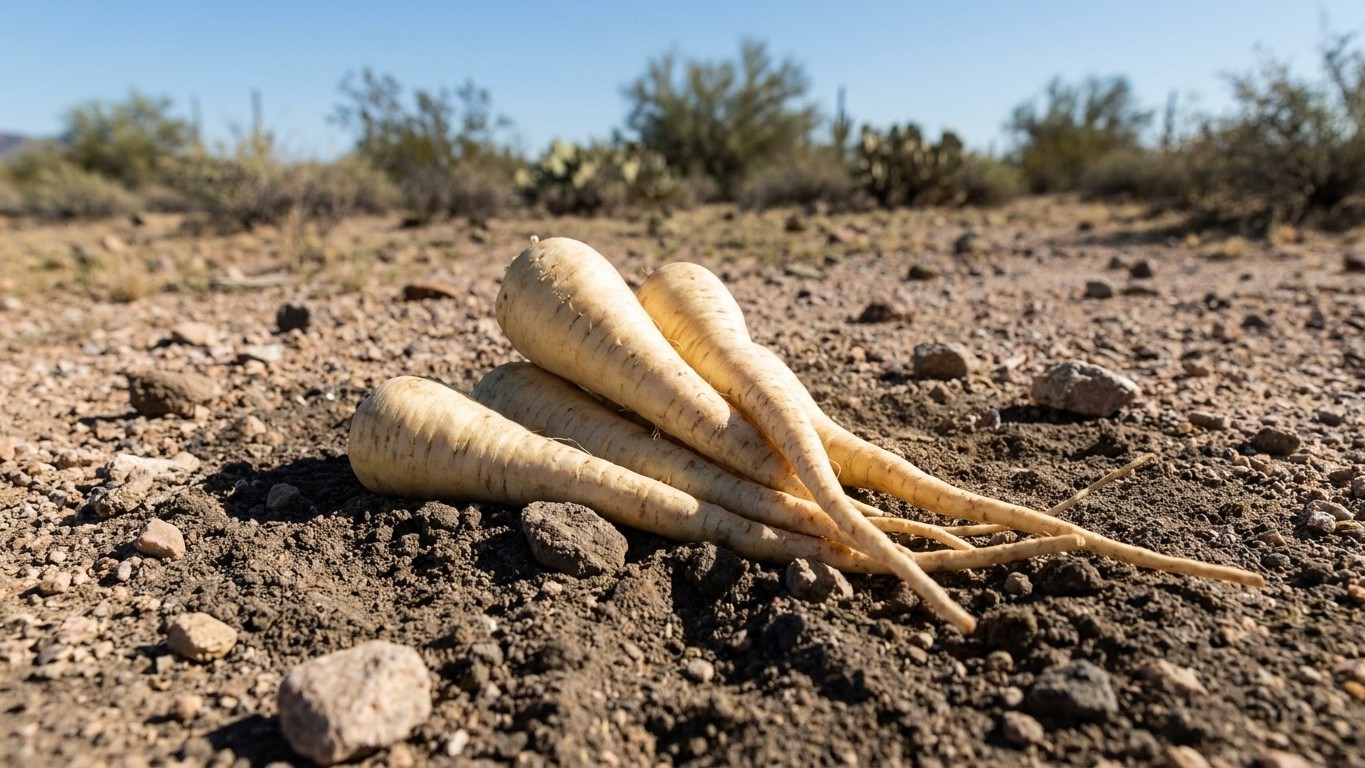 Three freshly harvested parsnips lie on bare desert soil with sparse desert vegetation visible in the background.