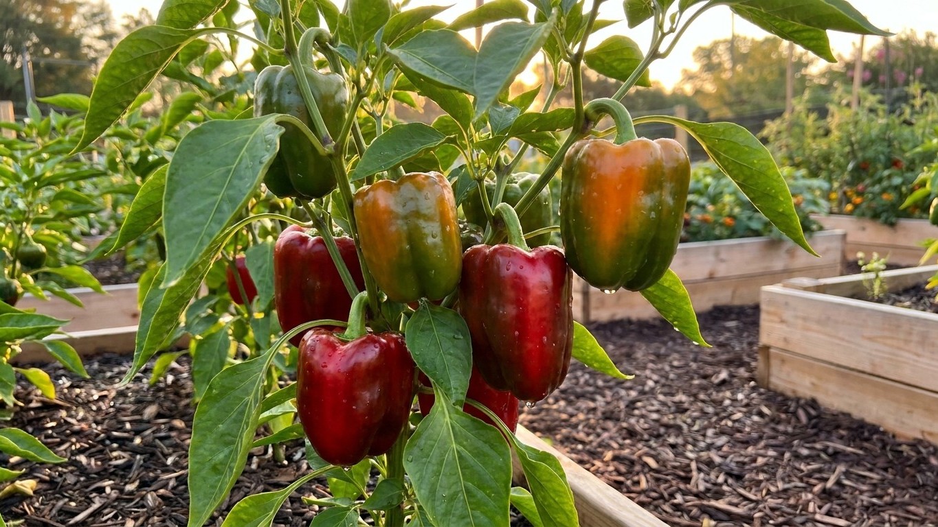 Red and orange bell peppers at various stages of ripeness grow on a healthy plant in a raised garden bed with mulch and other garden structures visible in the background.