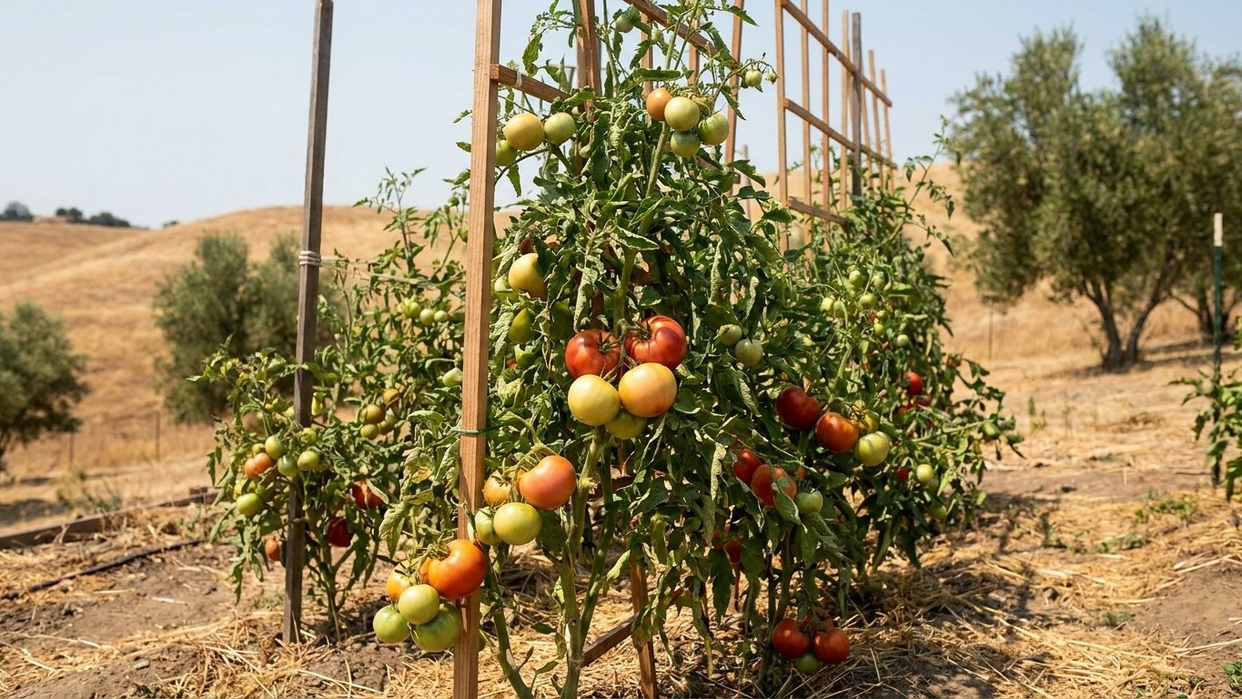 Productive tomato plants heavily laden with fruit in various stages of ripeness, supported by wooden trellises in a sunny garden setting.