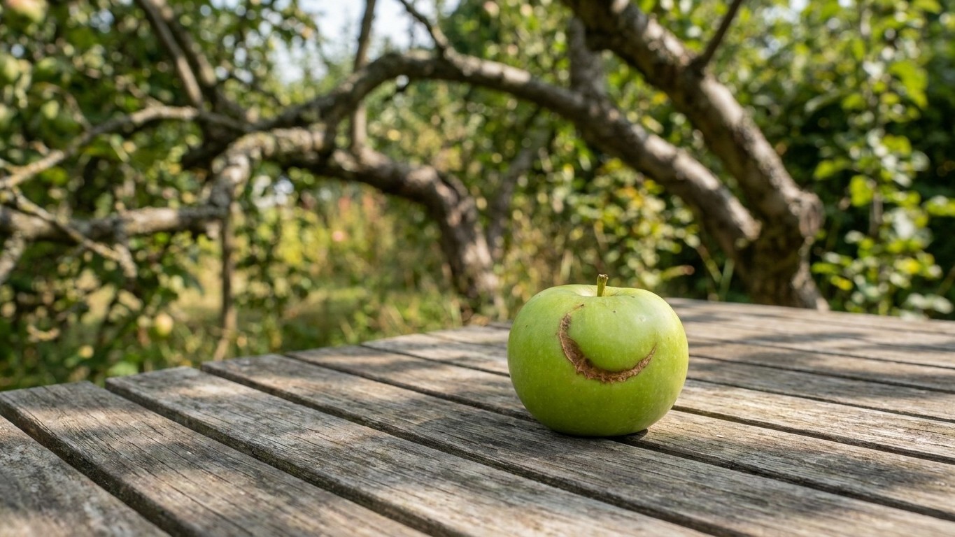 A bright green apple with a drawn smiling face rests on a weathered wooden table beneath fruit trees with leafy branches overhead.