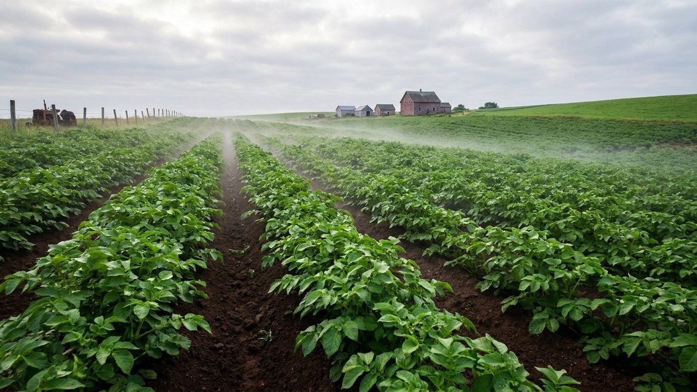 A sprawling potato field with neat rows of green foliage stretches toward a distant farmhouse under cloudy skies.