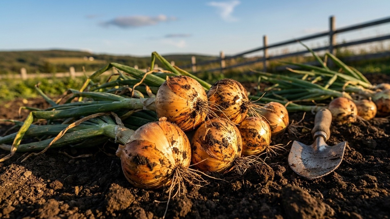 Freshly harvested golden onions with dried stems lying in dark soil in a vegetable garden with a wooden fence visible in the background.
