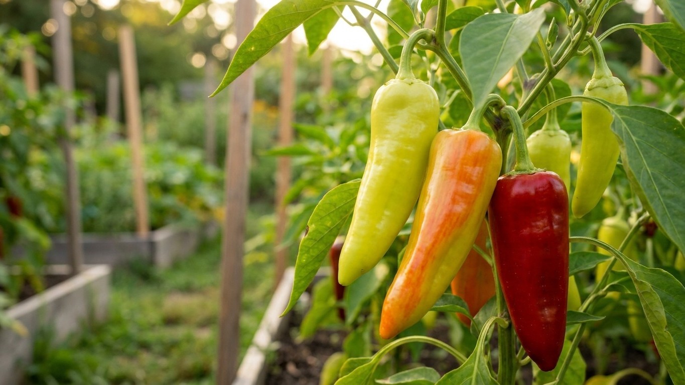 Vibrant bell peppers in yellow, orange, and red stages of ripeness growing in a sunny vegetable garden with support structures visible in the background.