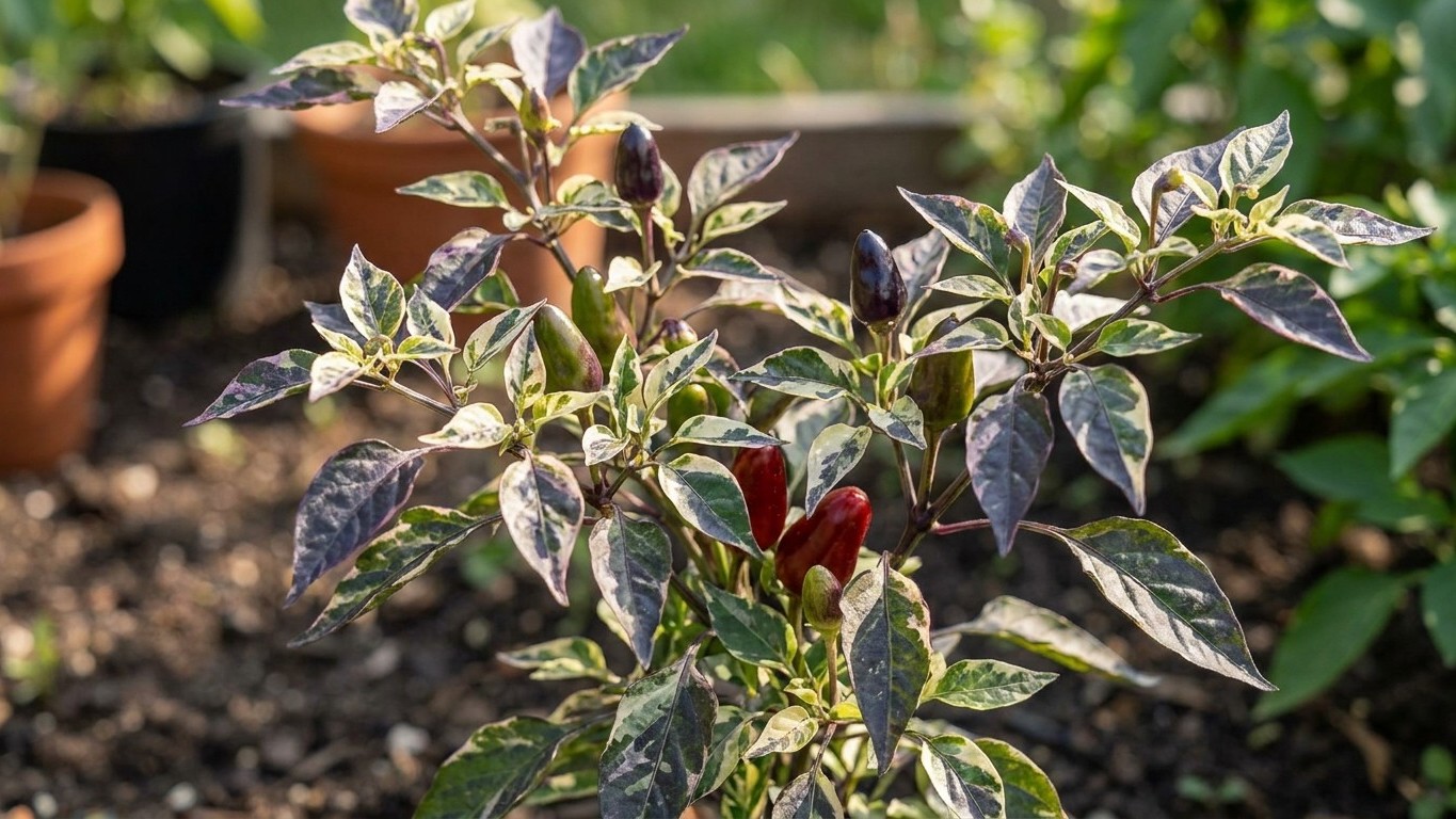 A young ornamental pepper plant with variegated green and white foliage displaying a single red pod among its leaves in a garden setting.
