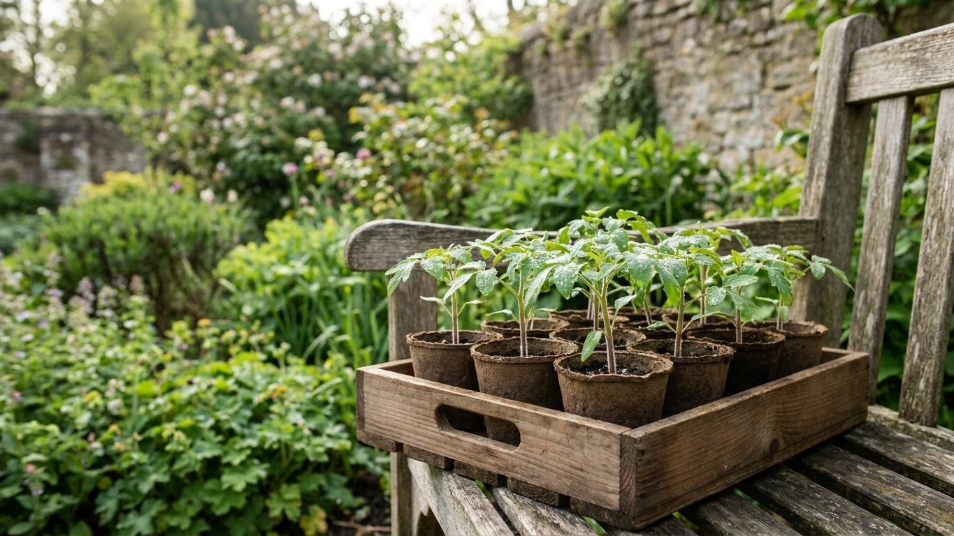 A wooden tray of young tomato seedlings in biodegradable pots sits on a rustic garden table with a stone wall and lush greenery in the background.