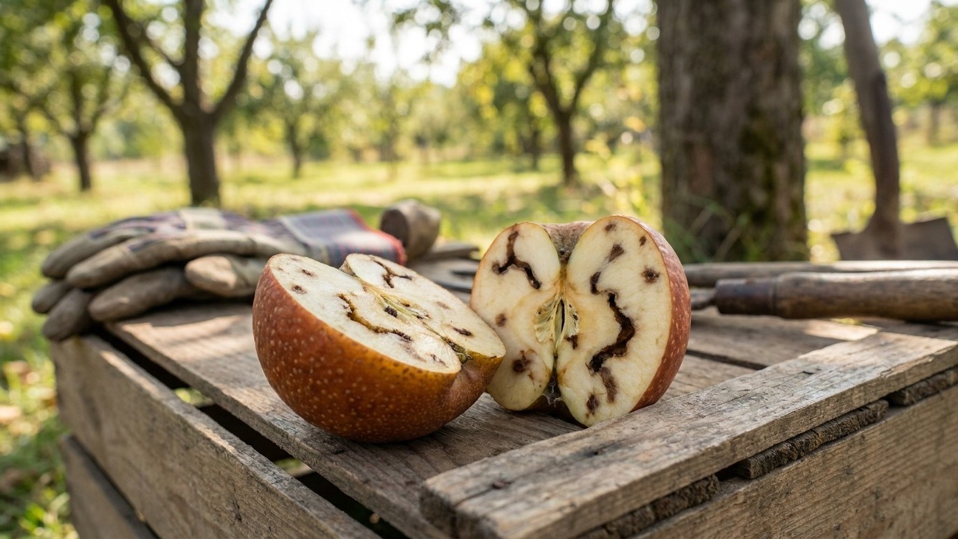 Two halves of a cut apple displayed on a rustic wooden surface with an orchard of mature trees visible in the soft-focused background.