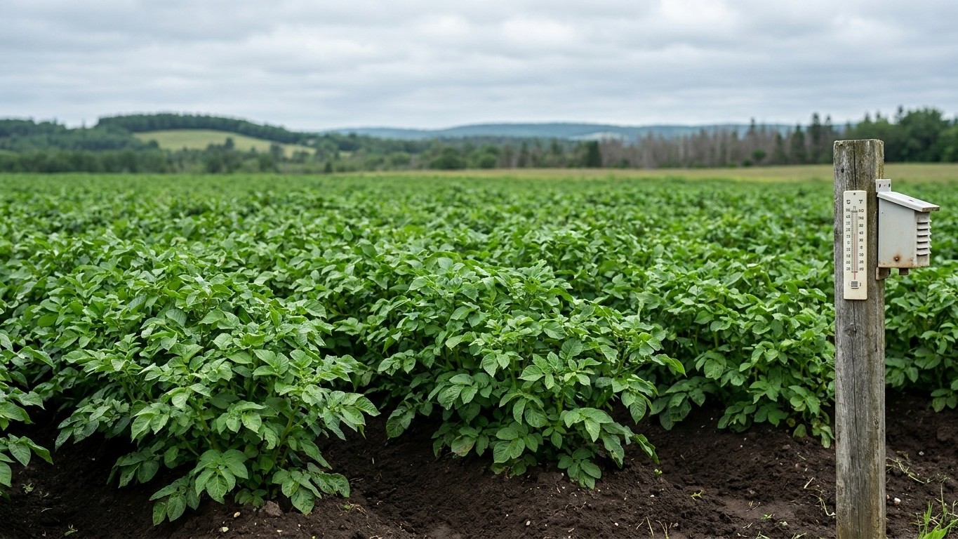 A sprawling potato field in early growth stage with a weathered measuring post displaying a thermometer and rain gauge mounted on the right edge.