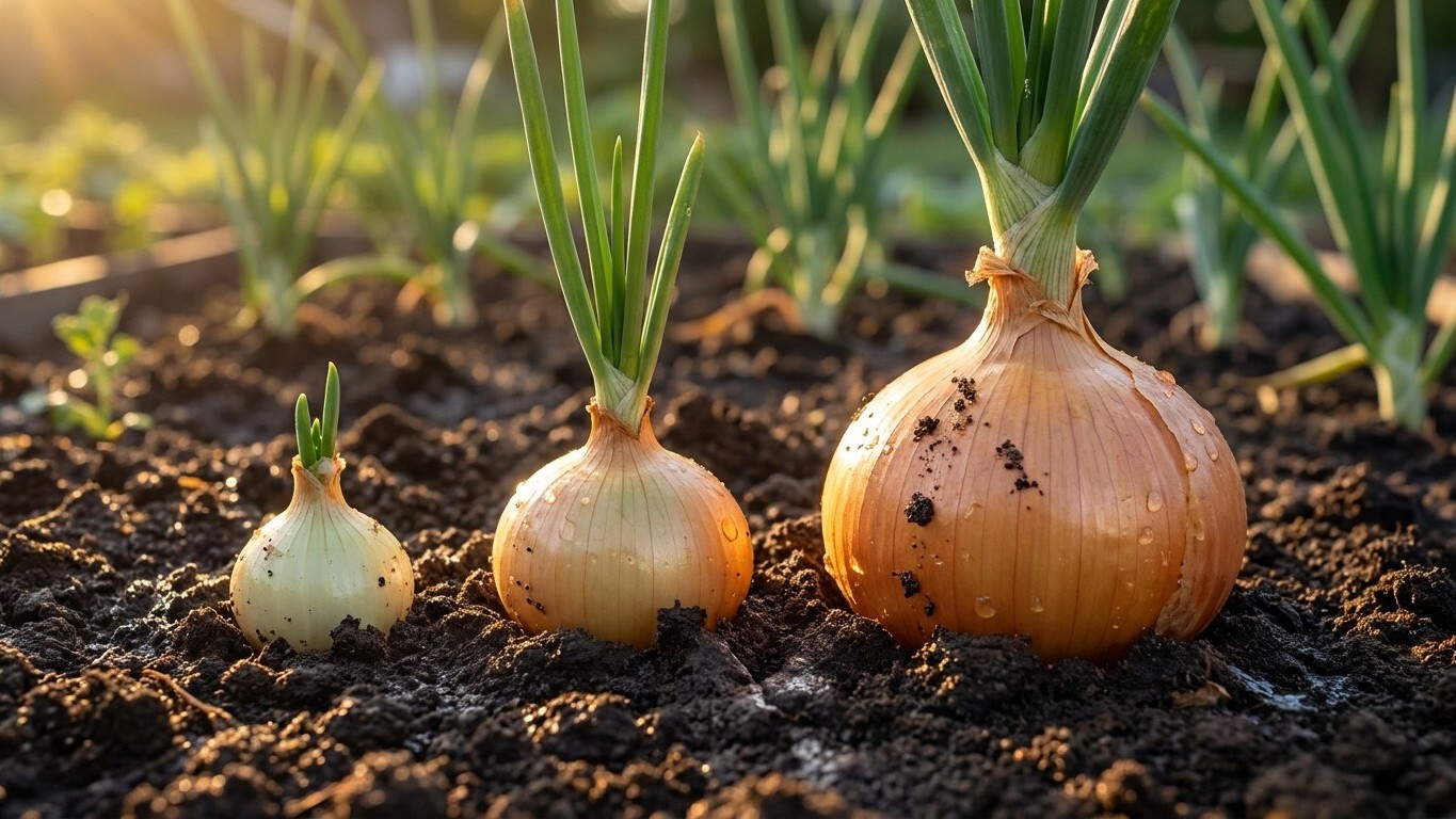 Three onions of increasing size grow in dark garden soil with green foliage visible in warm sunlight.