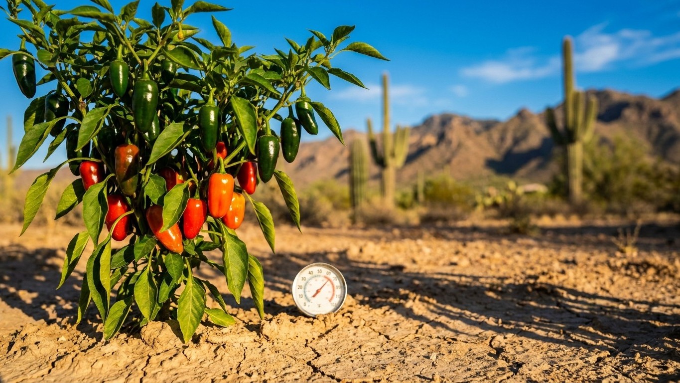 A thriving red pepper plant grows in arid desert soil with saguaro cacti visible in the background, illustrating vegetable gardening in a southwestern landscape.