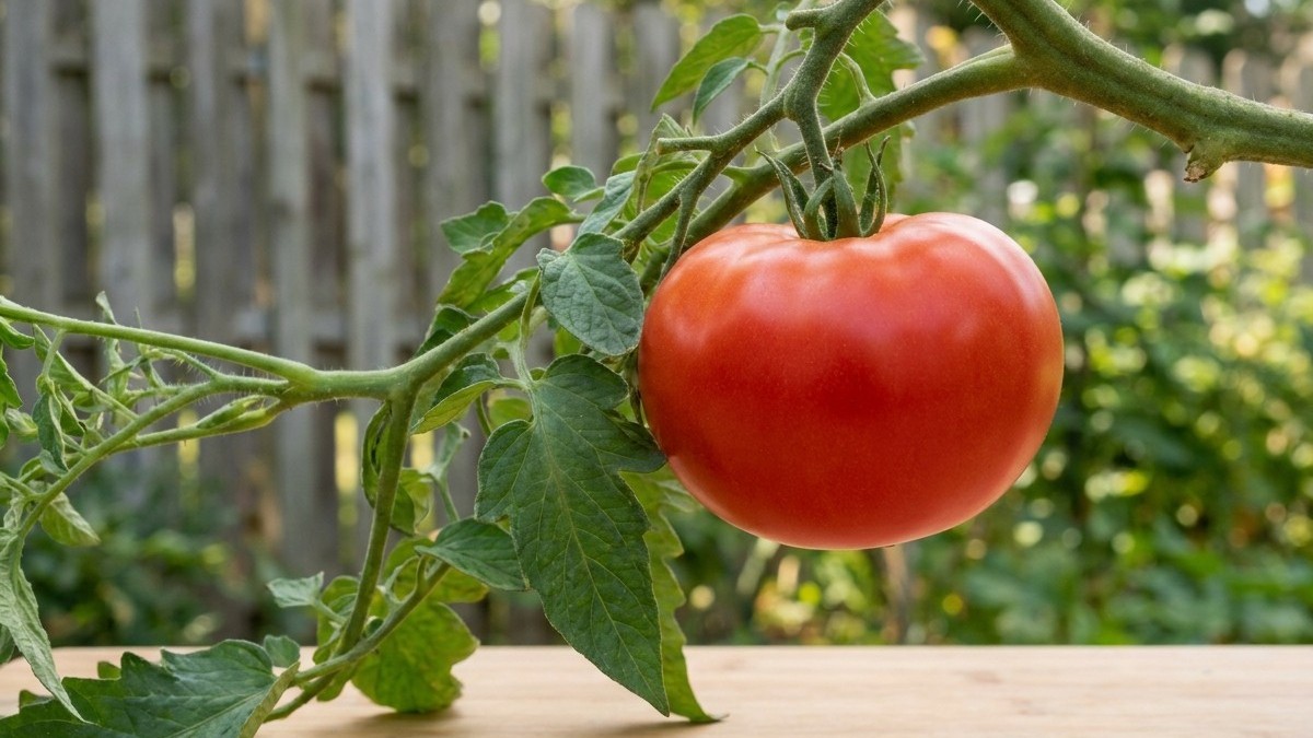 A bright red ripe tomato hanging on a green vine with foliage, photographed against a blurred wooden fence and garden background.