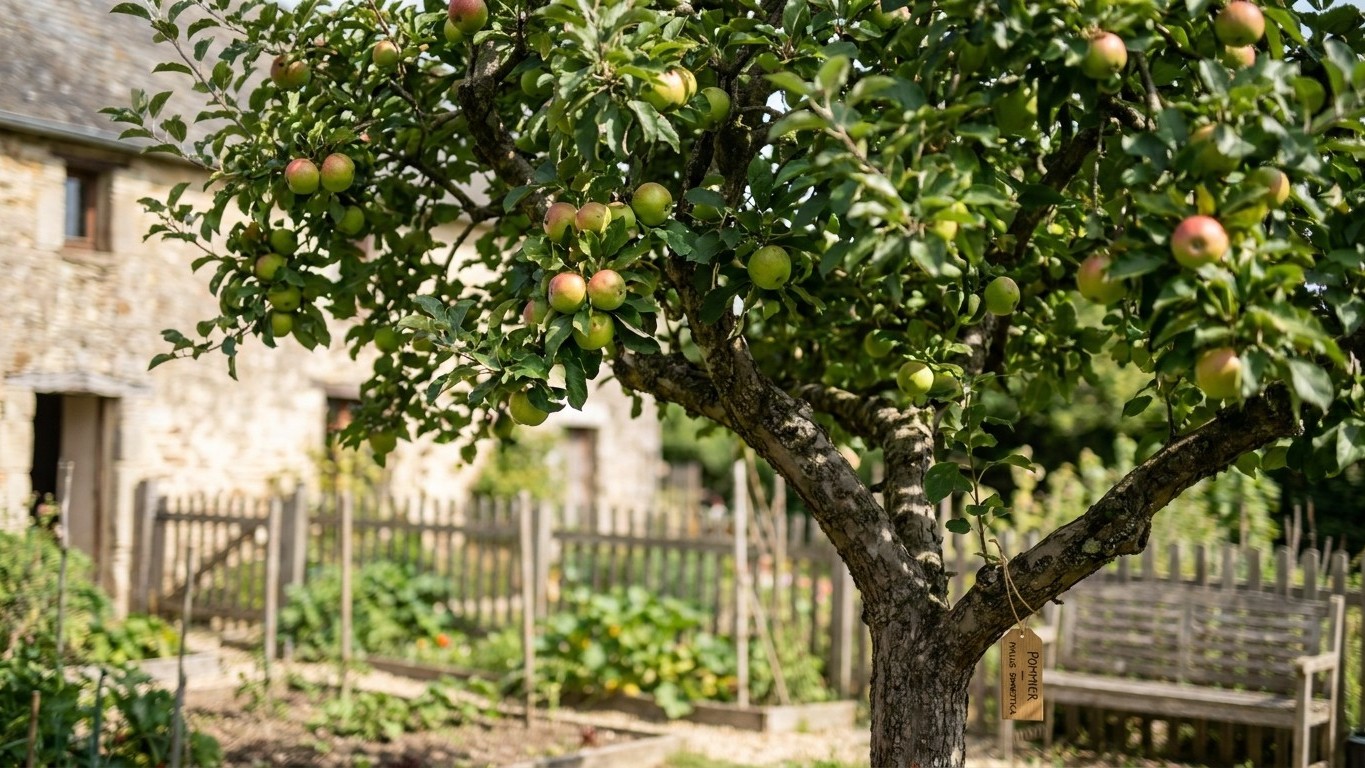 A mature apple tree heavy with ripe fruit stands in a pastoral orchard near a stone house and picket fence.