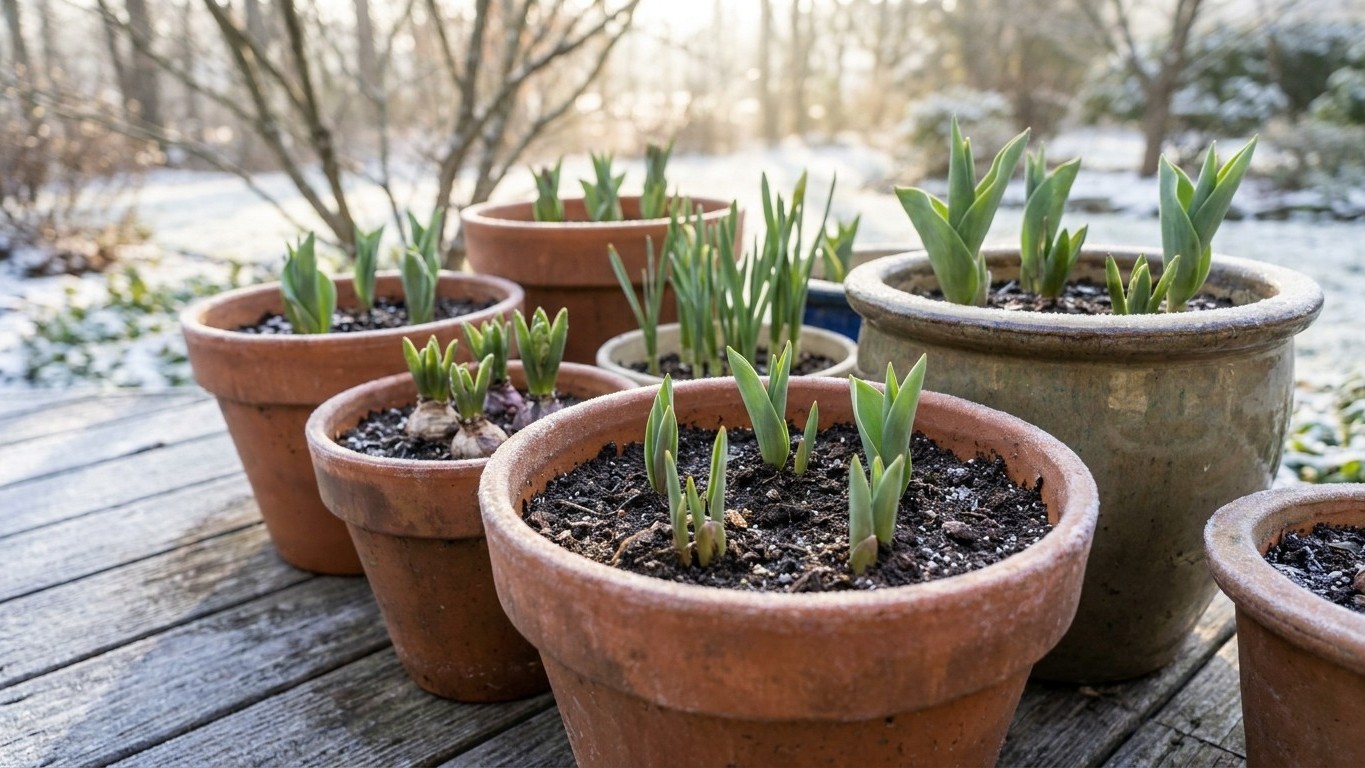 Emerging spring bulbs with green shoots in various terracotta and stone pots arranged on a wooden deck with snow visible in the background.