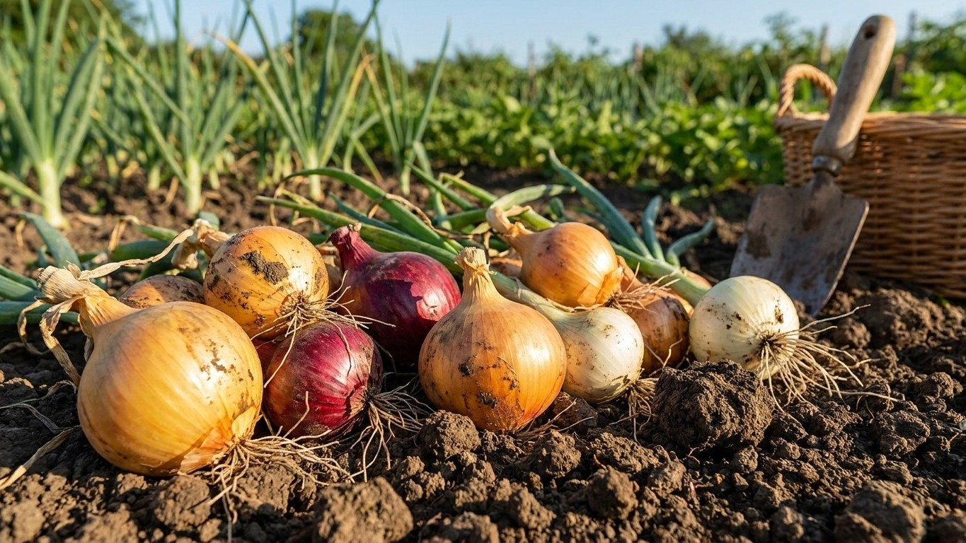 Freshly harvested onions of various colors arranged in garden soil with growing plants and harvest basket visible in background.